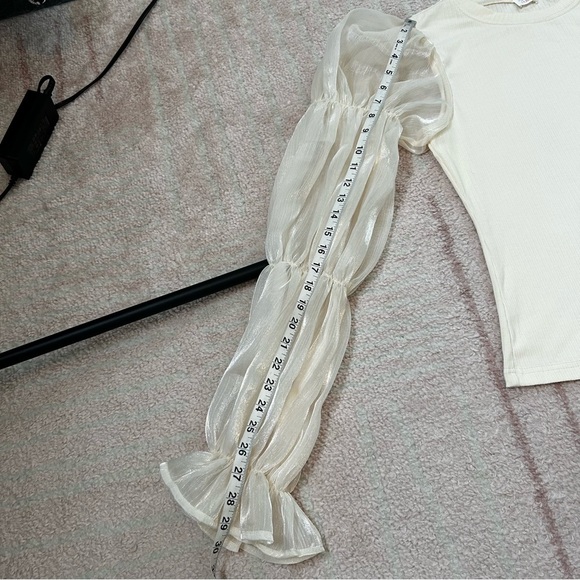 Peony Pastels Cream Ribbed Blouse with Sheer Puff Sleeves Size Large Holiday - Picture 10 of 11